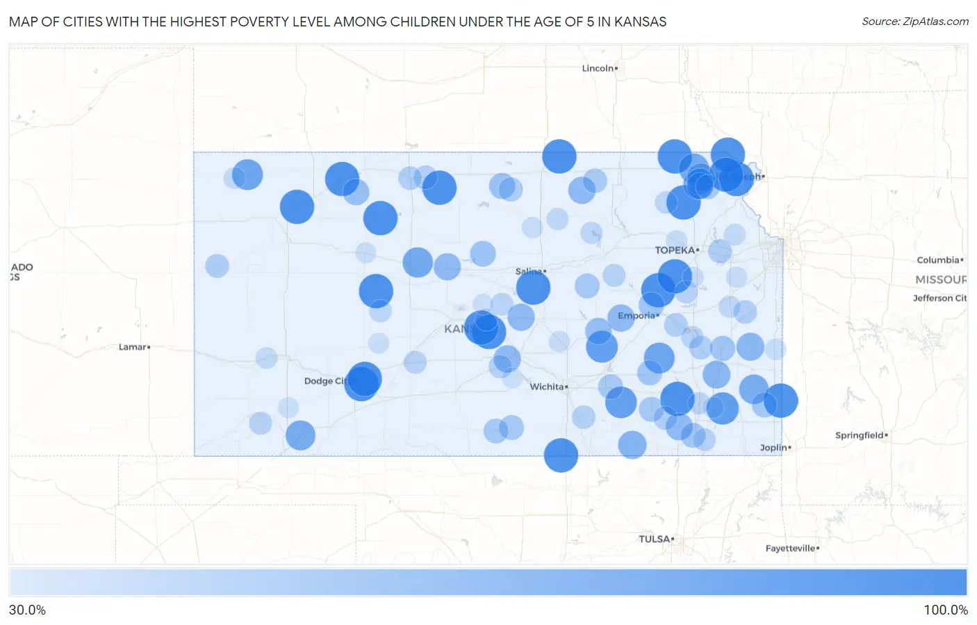 Cities with the Highest Poverty Level Among Children Under the Age of 5 in Kansas Map