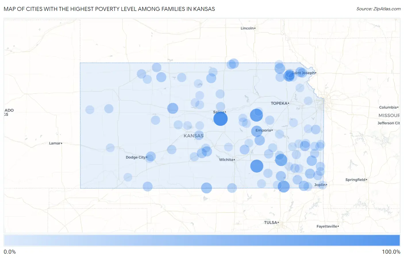 Cities with the Highest Poverty Level Among Families in Kansas Map