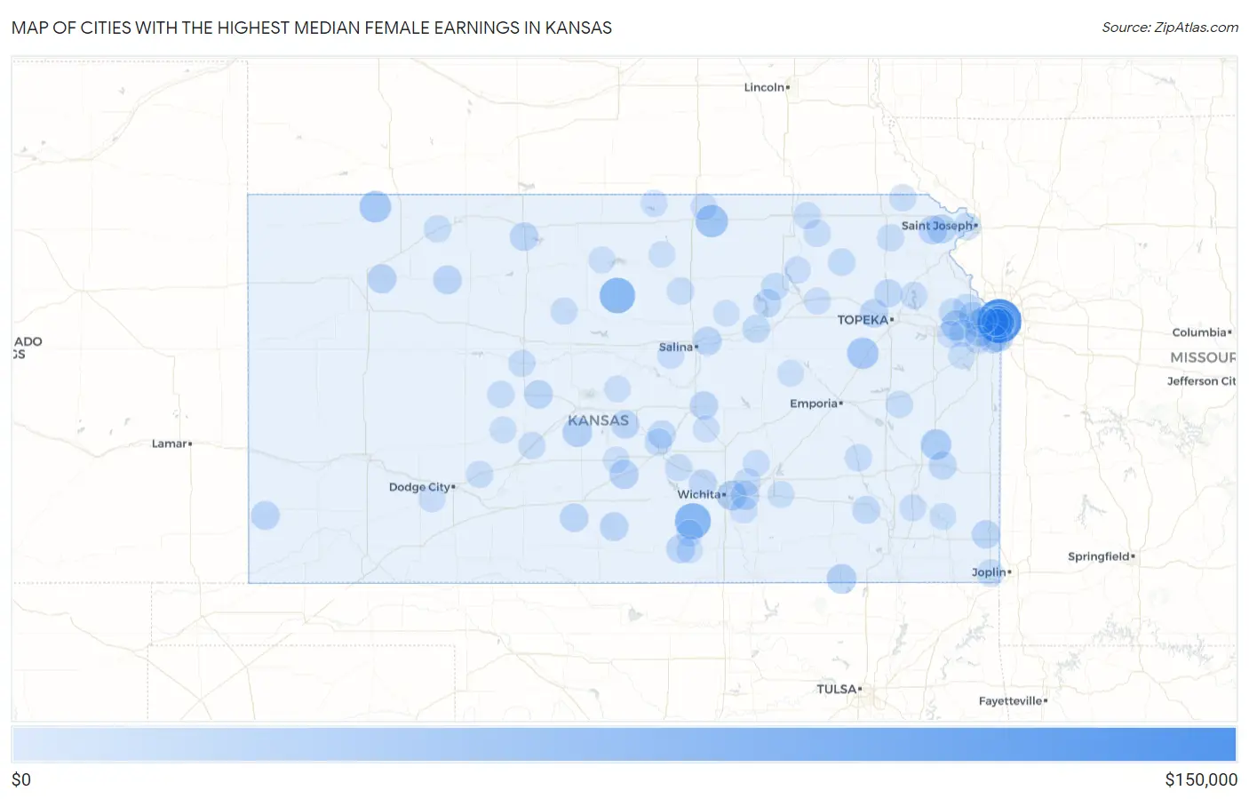 Cities with the Highest Median Female Earnings in Kansas Map