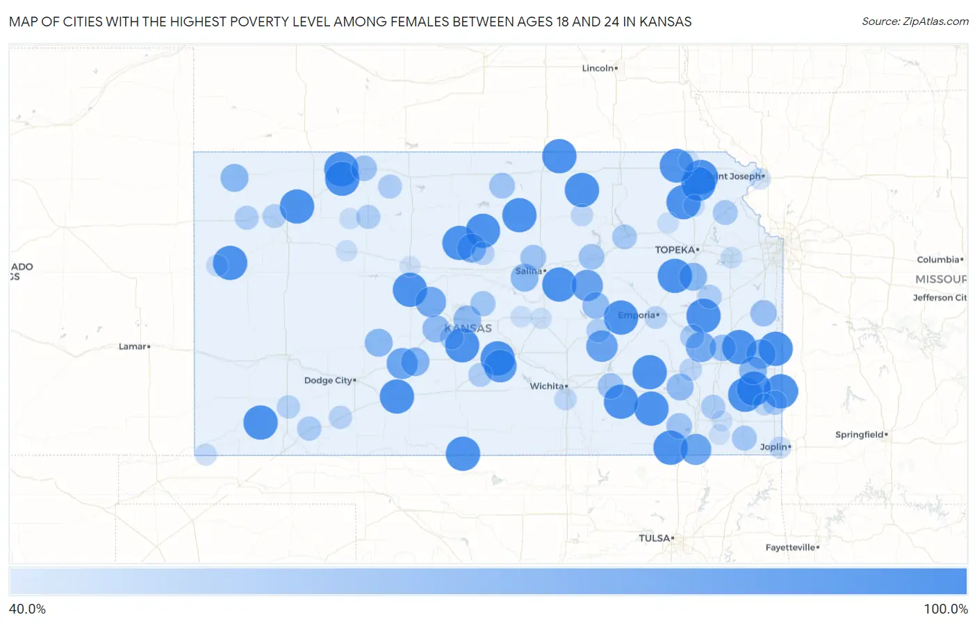 Cities with the Highest Poverty Level Among Females Between Ages 18 and 24 in Kansas Map