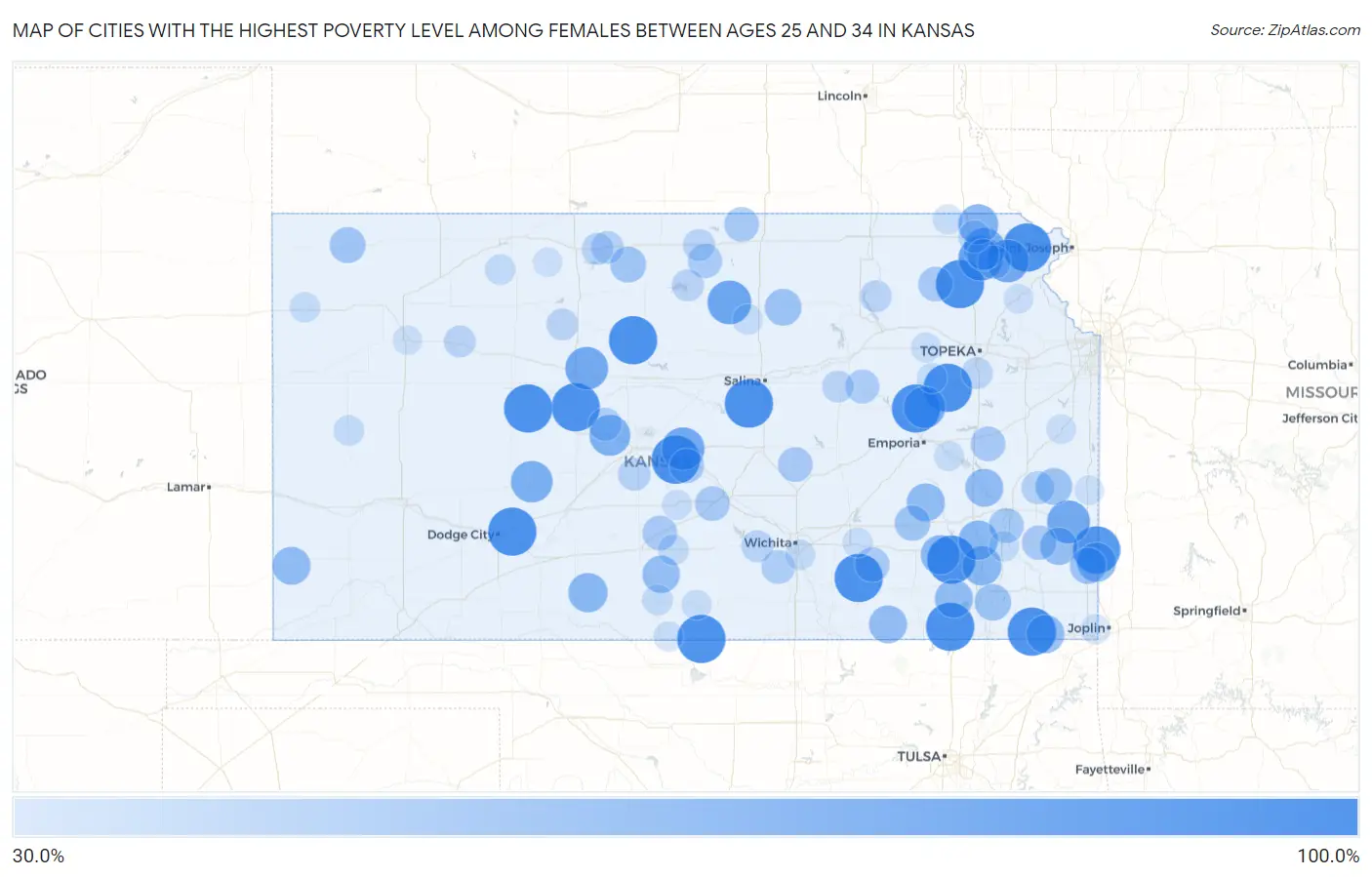 Cities with the Highest Poverty Level Among Females Between Ages 25 and 34 in Kansas Map