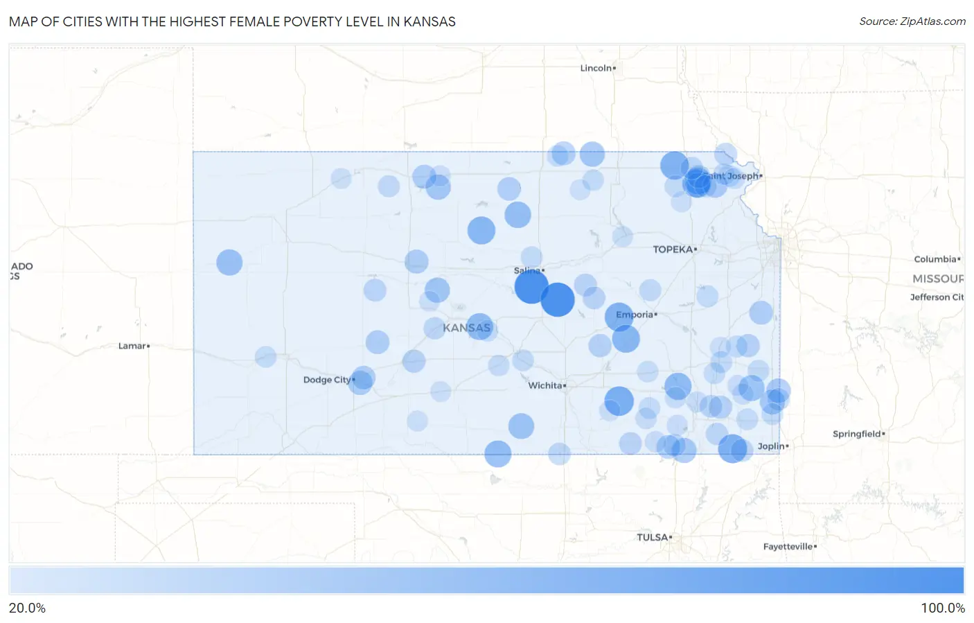 Cities with the Highest Female Poverty Level in Kansas Map