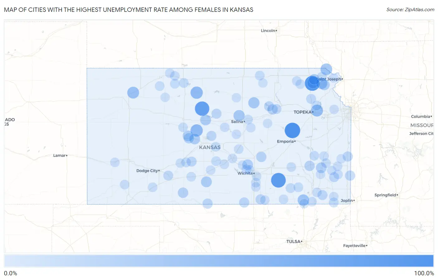 Cities with the Highest Unemployment Rate Among Females in Kansas Map