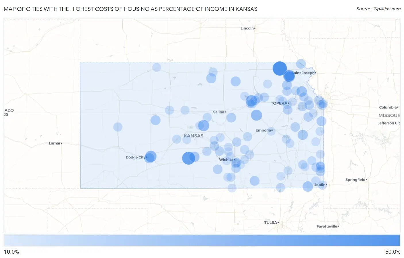 Cities with the Highest Costs of Housing as Percentage of Income in Kansas Map