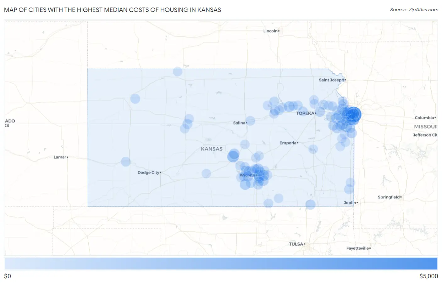 Cities with the Highest Median Costs of Housing in Kansas Map