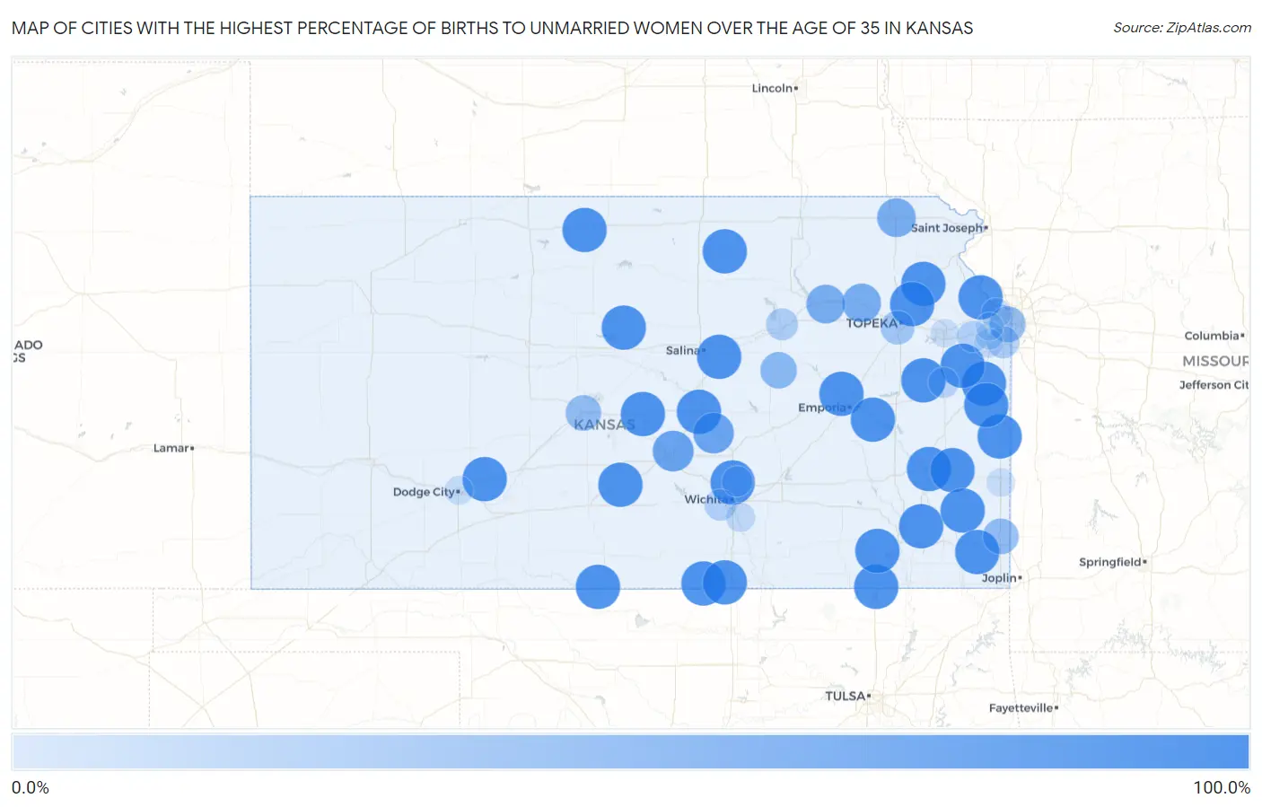 Cities with the Highest Percentage of Births to Unmarried Women over the Age of 35 in Kansas Map