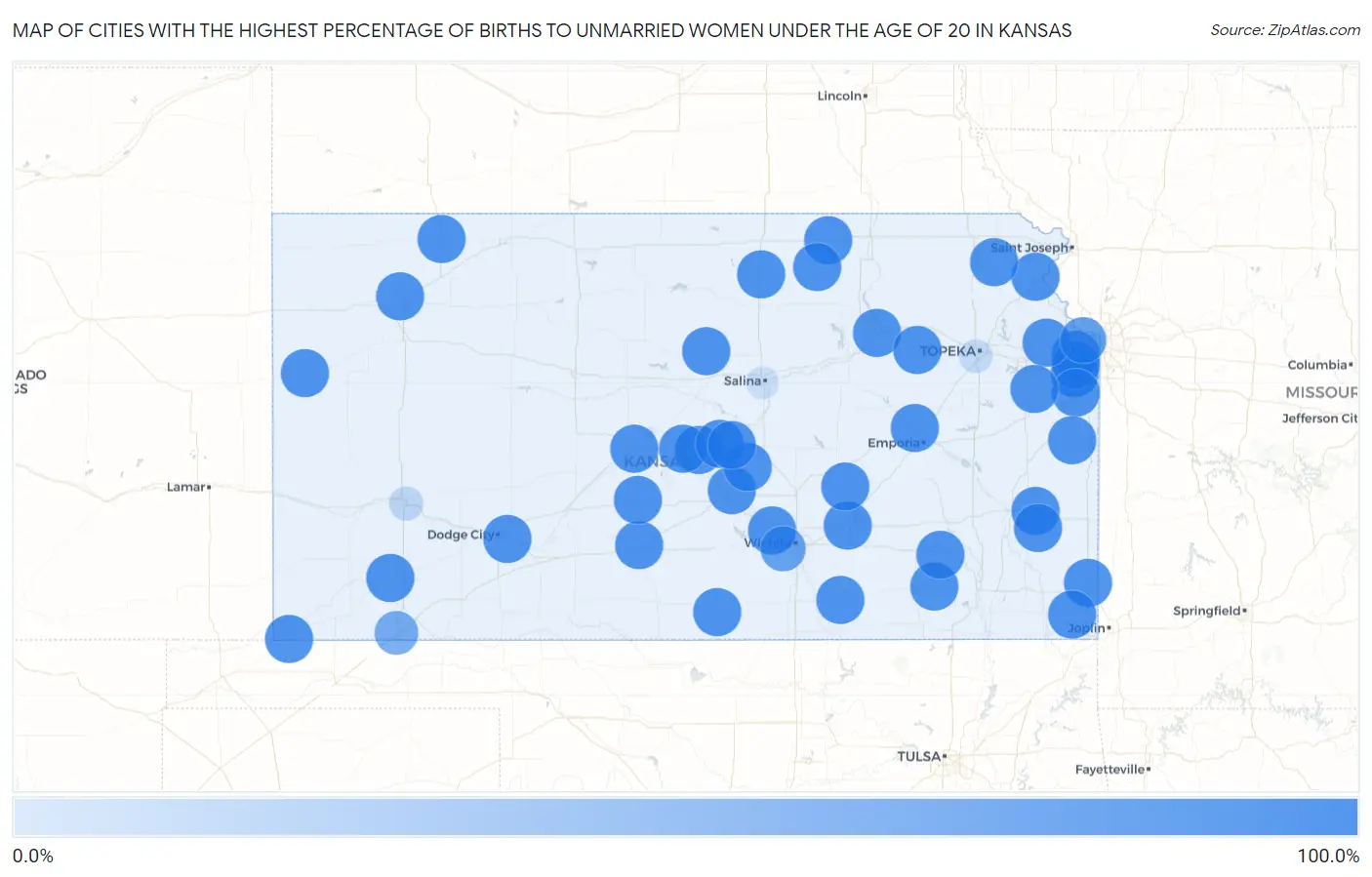 Cities with the Highest Percentage of Births to Unmarried Women under the Age of 20 in Kansas Map