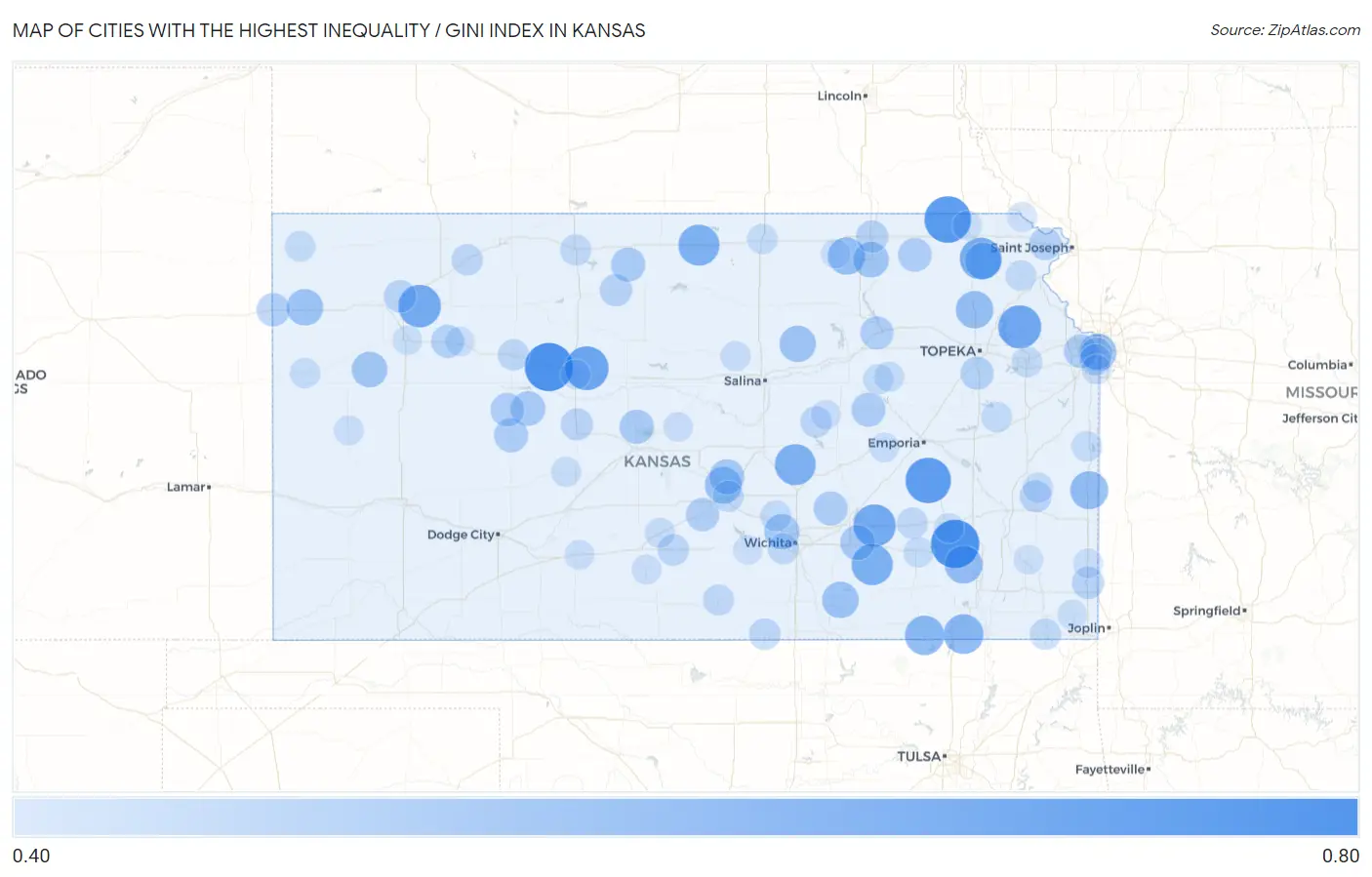 Cities with the Highest Inequality / Gini Index in Kansas Map