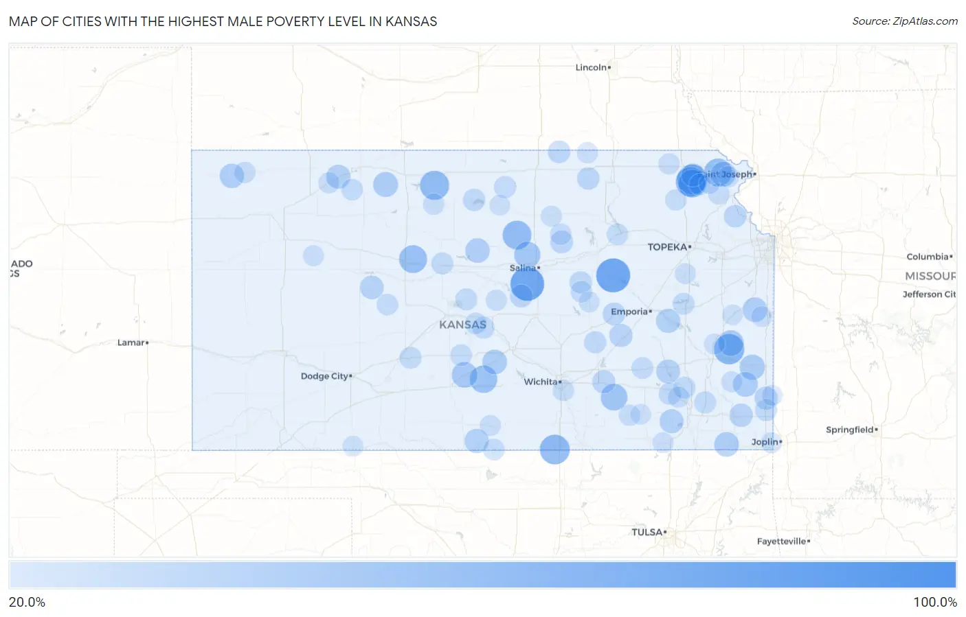 Cities with the Highest Male Poverty Level in Kansas Map