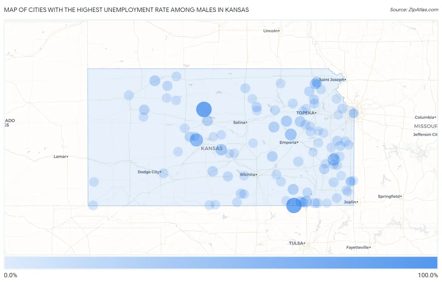 Cities with the Highest Unemployment Rate Among Males in Kansas Map