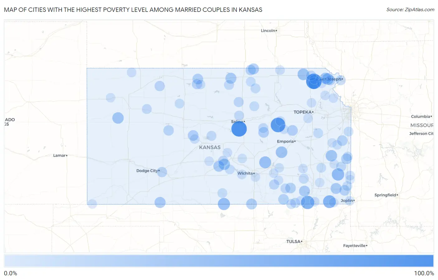 Cities with the Highest Poverty Level Among Married Couples in Kansas Map