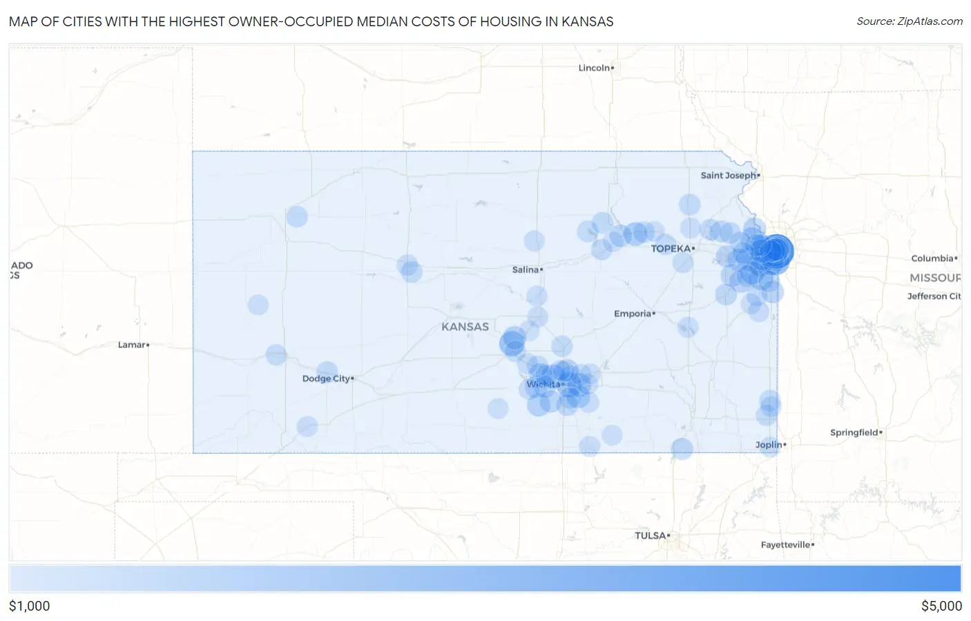 Cities with the Highest Owner-Occupied Median Costs of Housing in Kansas Map