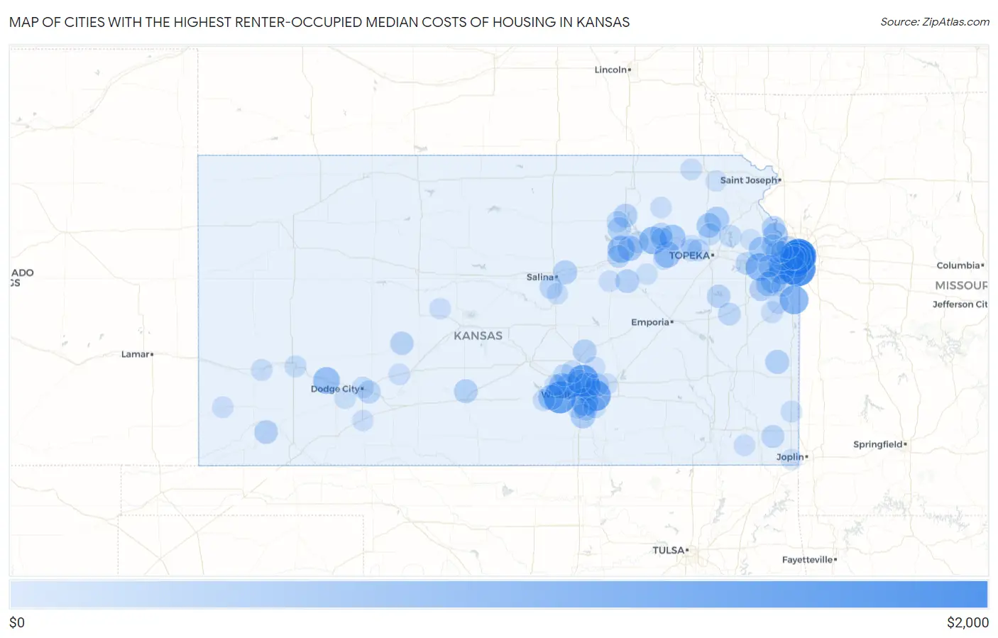 Cities with the Highest Renter-Occupied Median Costs of Housing in Kansas Map