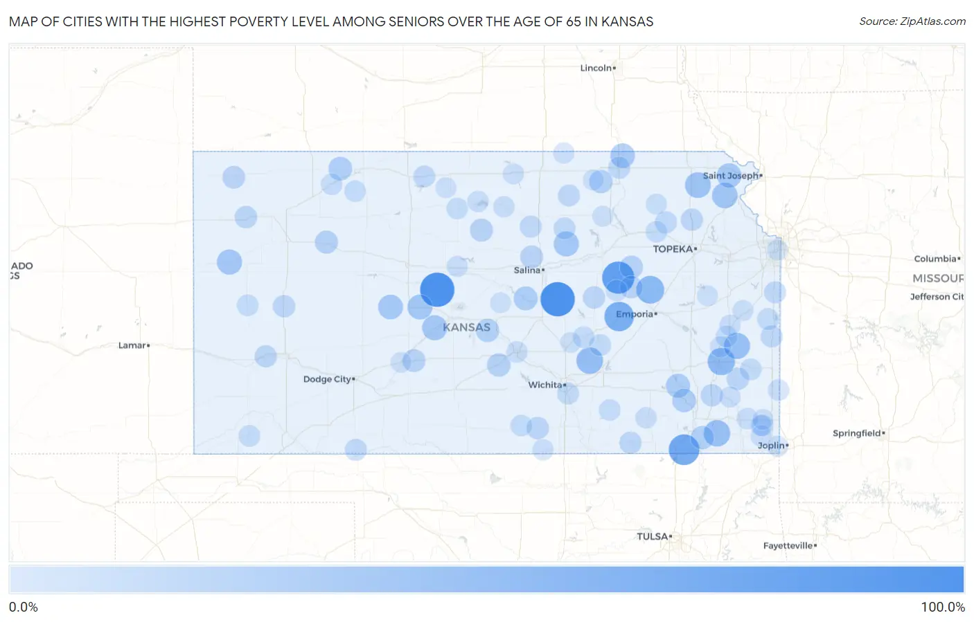 Cities with the Highest Poverty Level Among Seniors Over the Age of 65 in Kansas Map