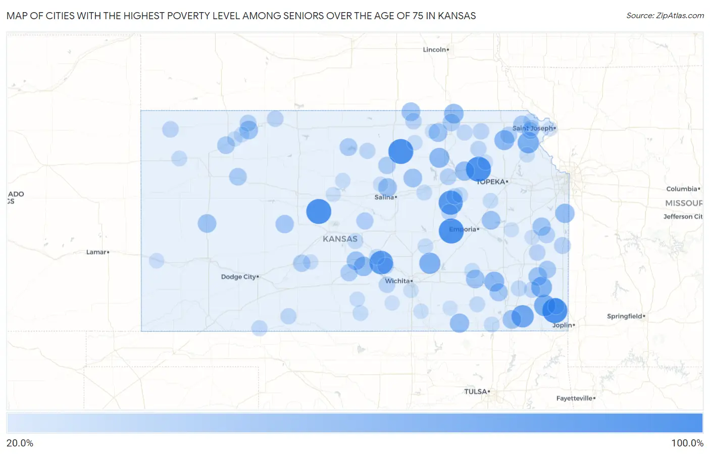 Cities with the Highest Poverty Level Among Seniors Over the Age of 75 in Kansas Map