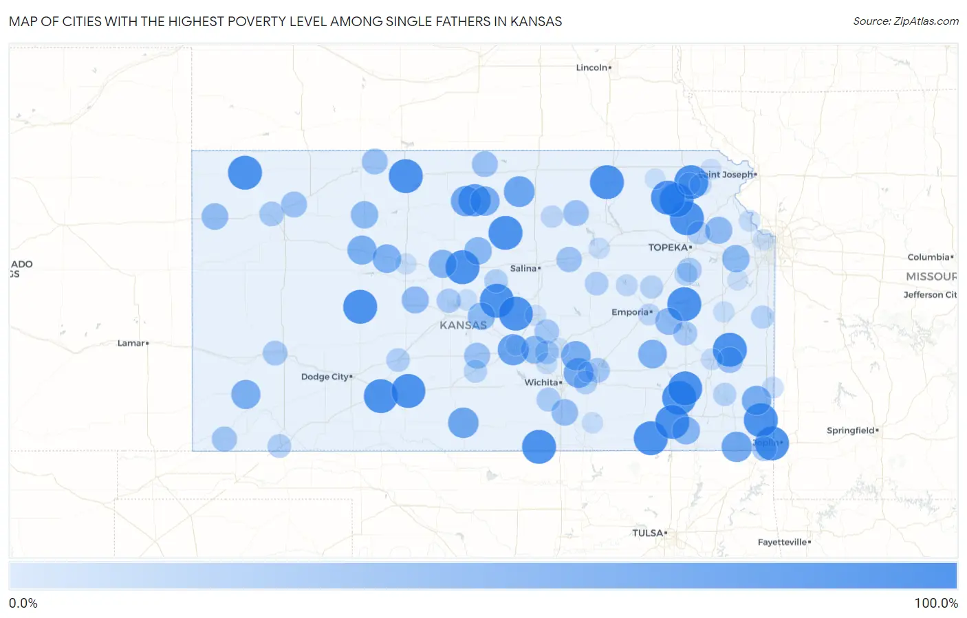 Cities with the Highest Poverty Level Among Single Fathers in Kansas Map