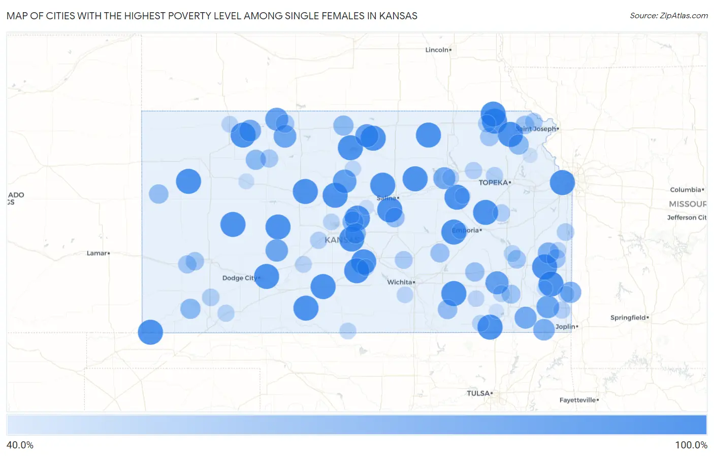 Cities with the Highest Poverty Level Among Single Females in Kansas Map