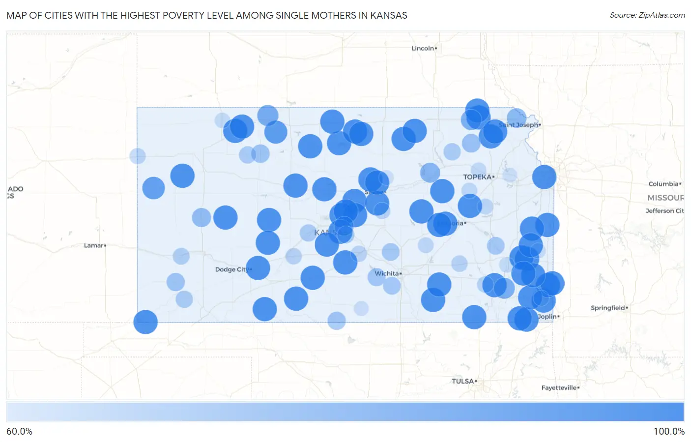 Cities with the Highest Poverty Level Among Single Mothers in Kansas Map
