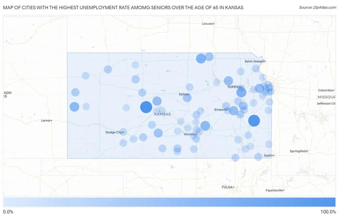 Cities with the Highest Unemployment Rate Amomg Seniors Over the Age of 65 in Kansas Map
