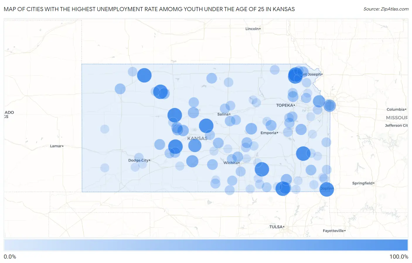 Cities with the Highest Unemployment Rate Amomg Youth Under the Age of 25 in Kansas Map