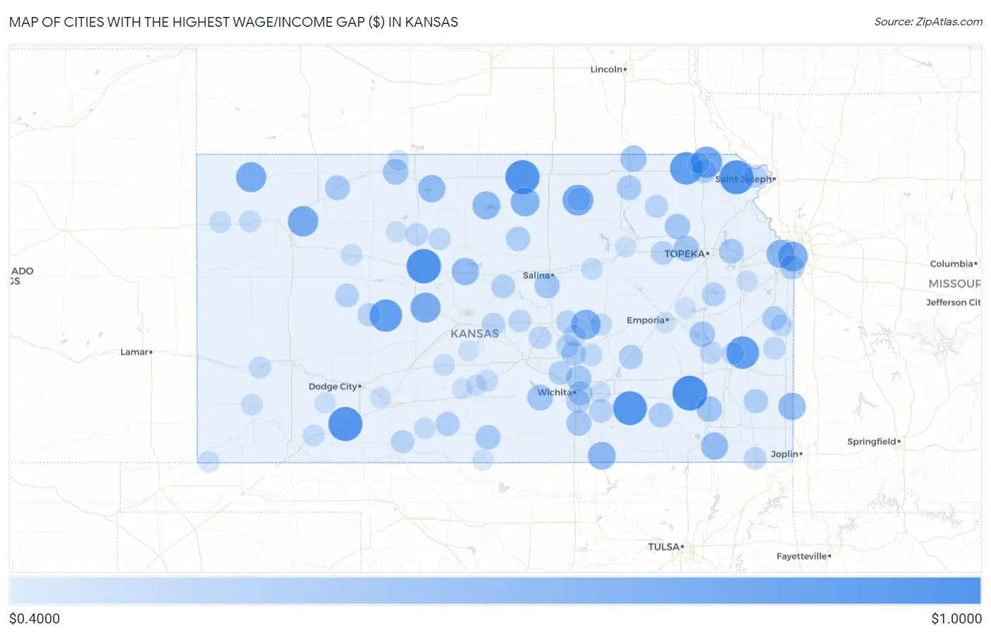 Cities with the Highest Wage/Income Gap ($) in Kansas Map