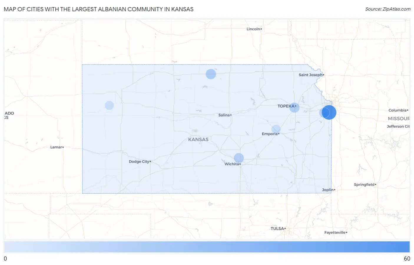 Cities with the Largest Albanian Community in Kansas Map