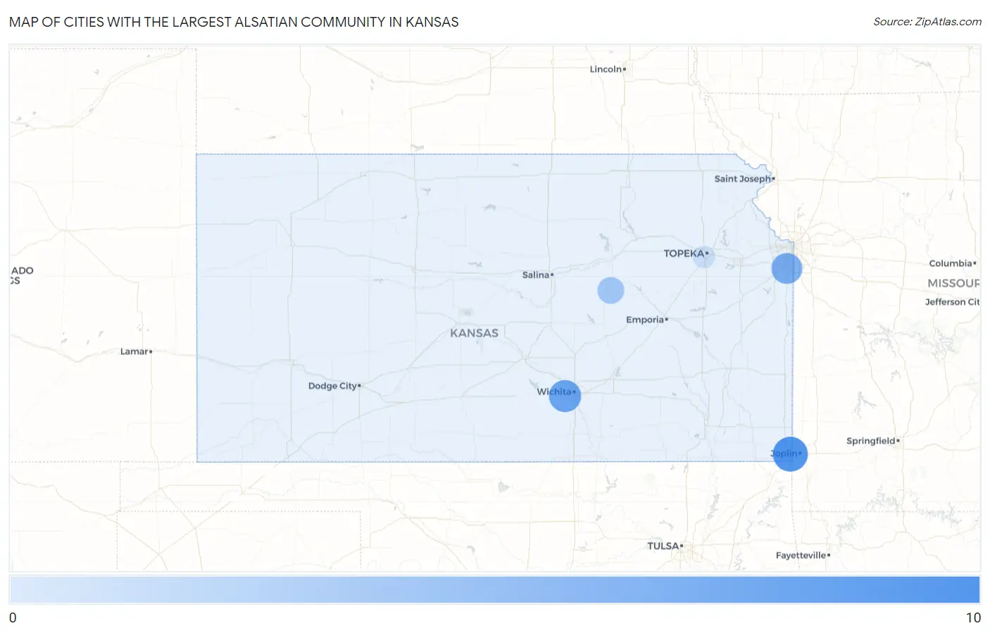 Cities with the Largest Alsatian Community in Kansas Map