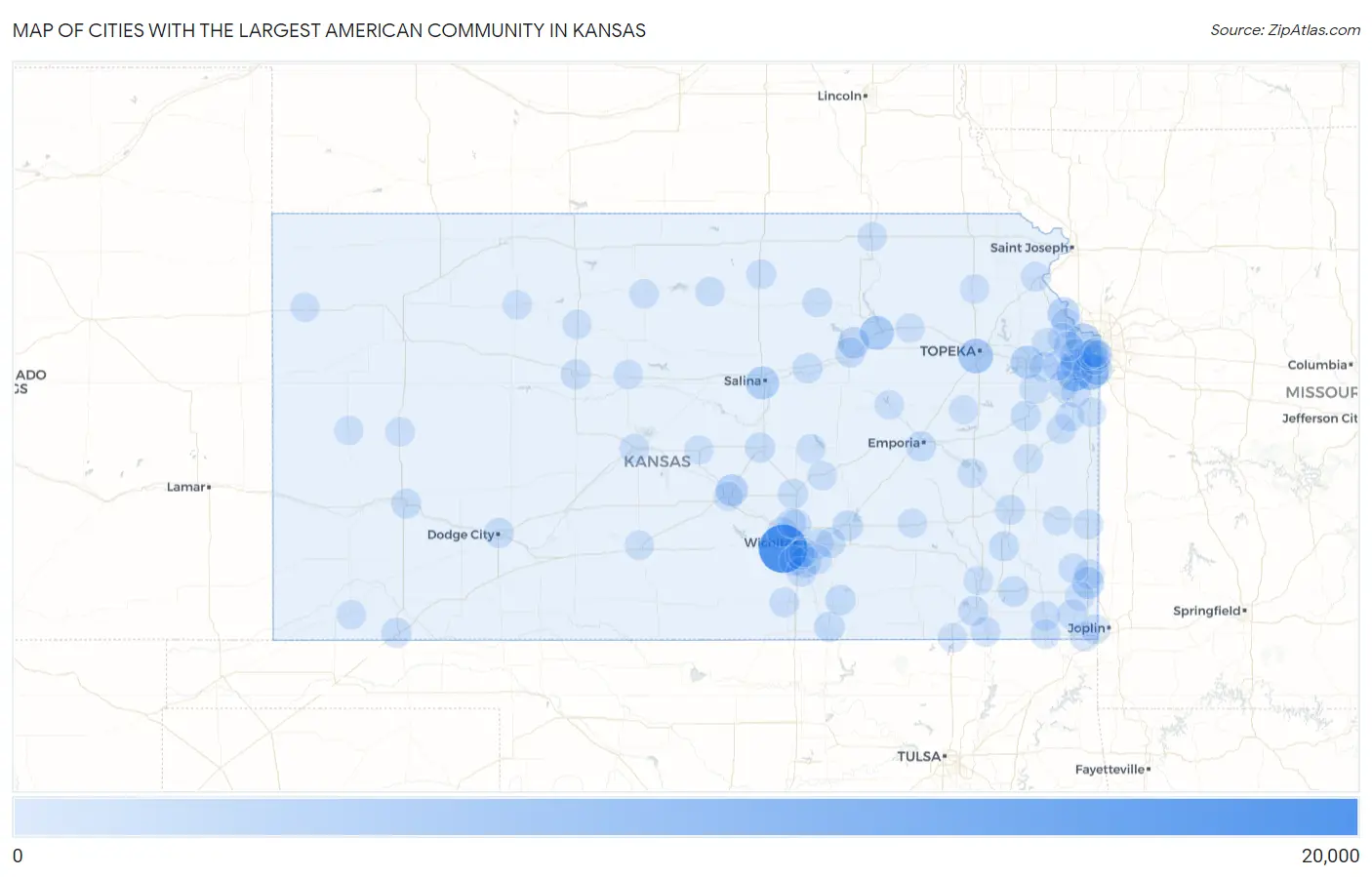 Cities with the Largest American Community in Kansas Map