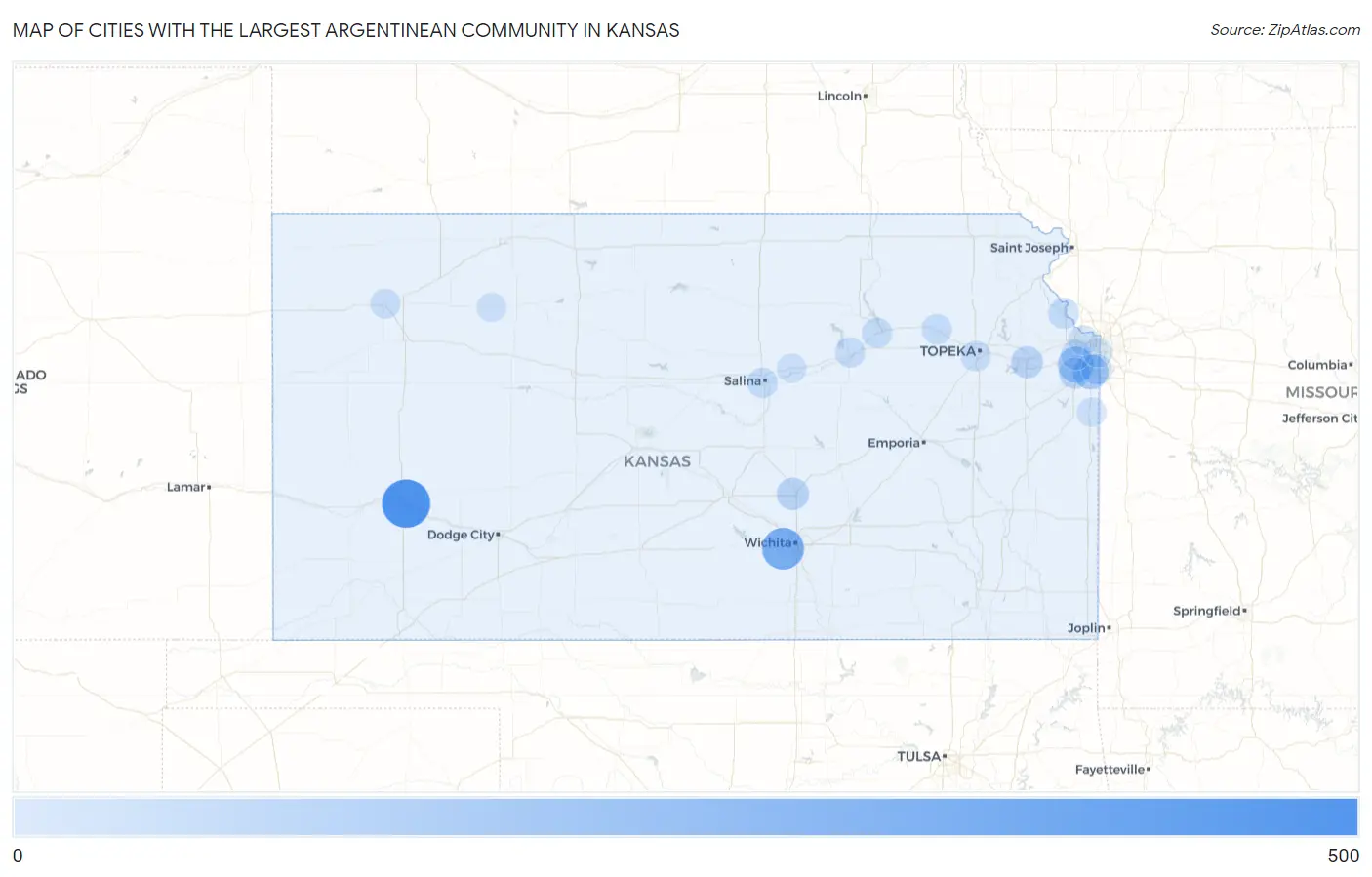 Cities with the Largest Argentinean Community in Kansas Map