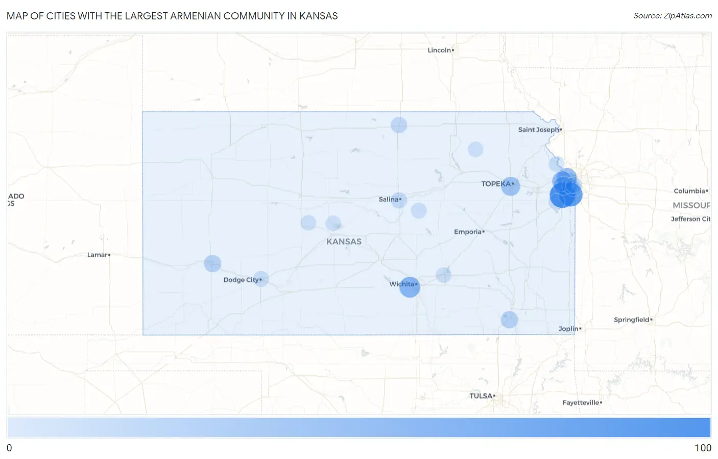 Cities with the Largest Armenian Community in Kansas Map