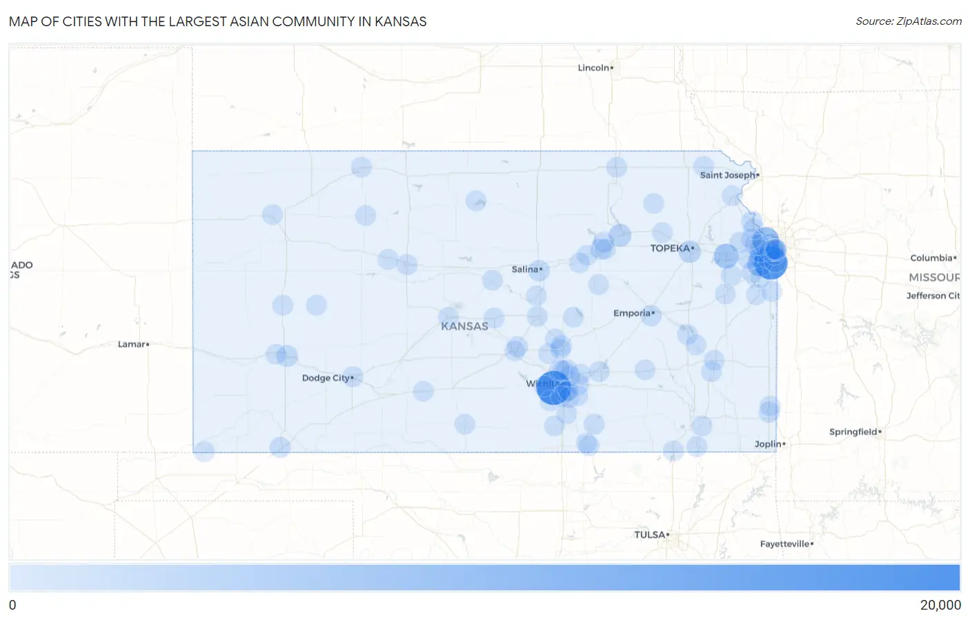 Cities with the Largest Asian Community in Kansas Map
