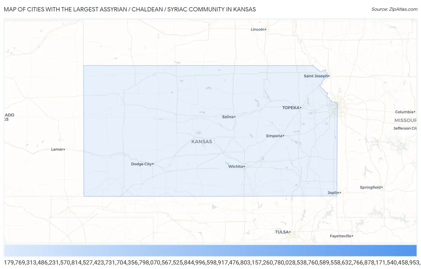 Cities with the Largest Assyrian / Chaldean / Syriac Community in Kansas Map