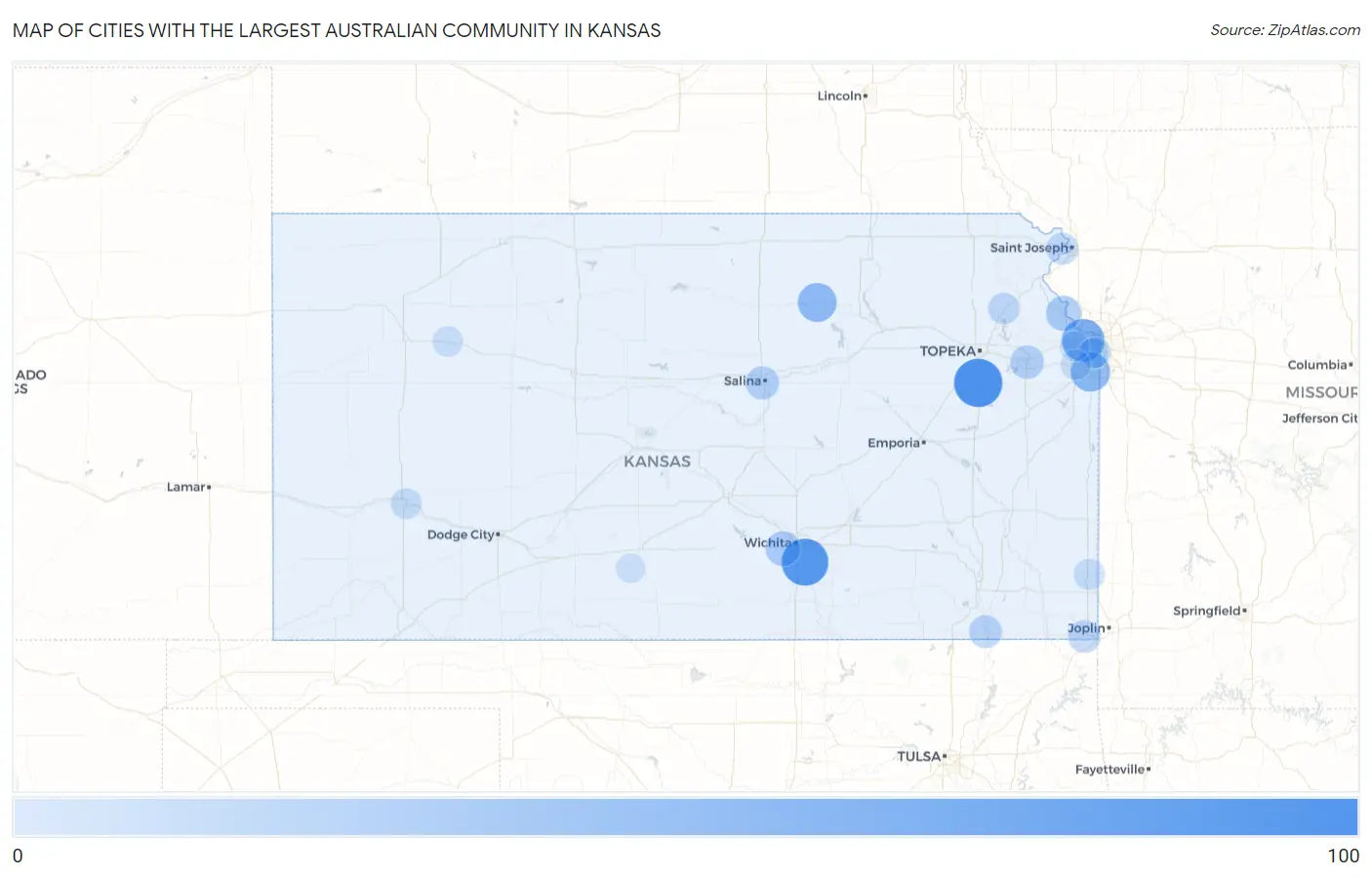 Cities with the Largest Australian Community in Kansas Map