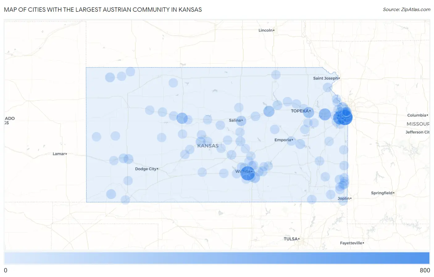 Cities with the Largest Austrian Community in Kansas Map