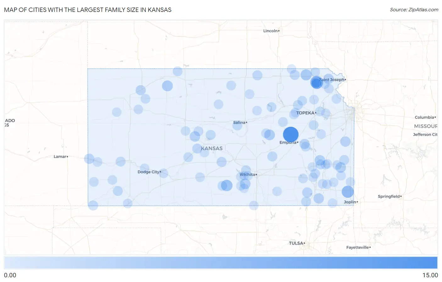 Cities with the Largest Family Size in Kansas Map