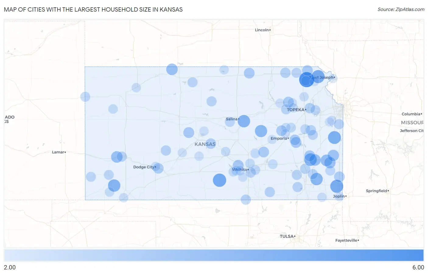 Cities with the Largest Household Size in Kansas Map