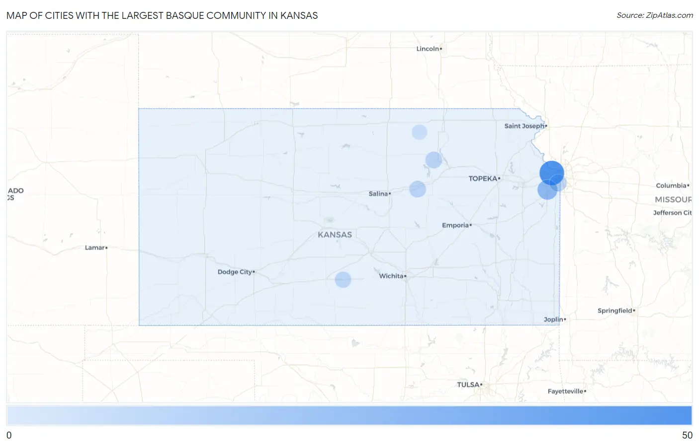Cities with the Largest Basque Community in Kansas Map