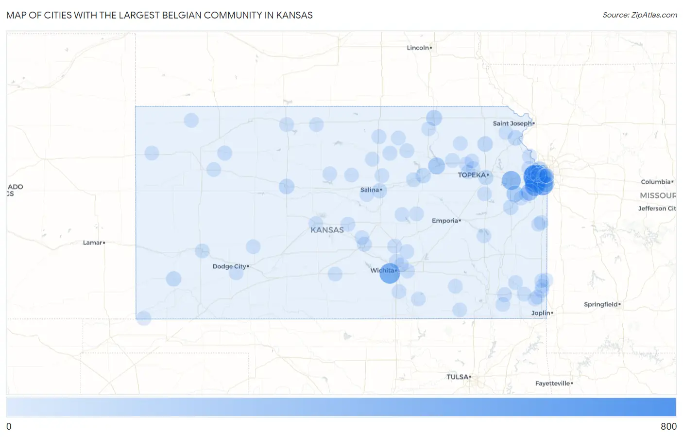 Cities with the Largest Belgian Community in Kansas Map