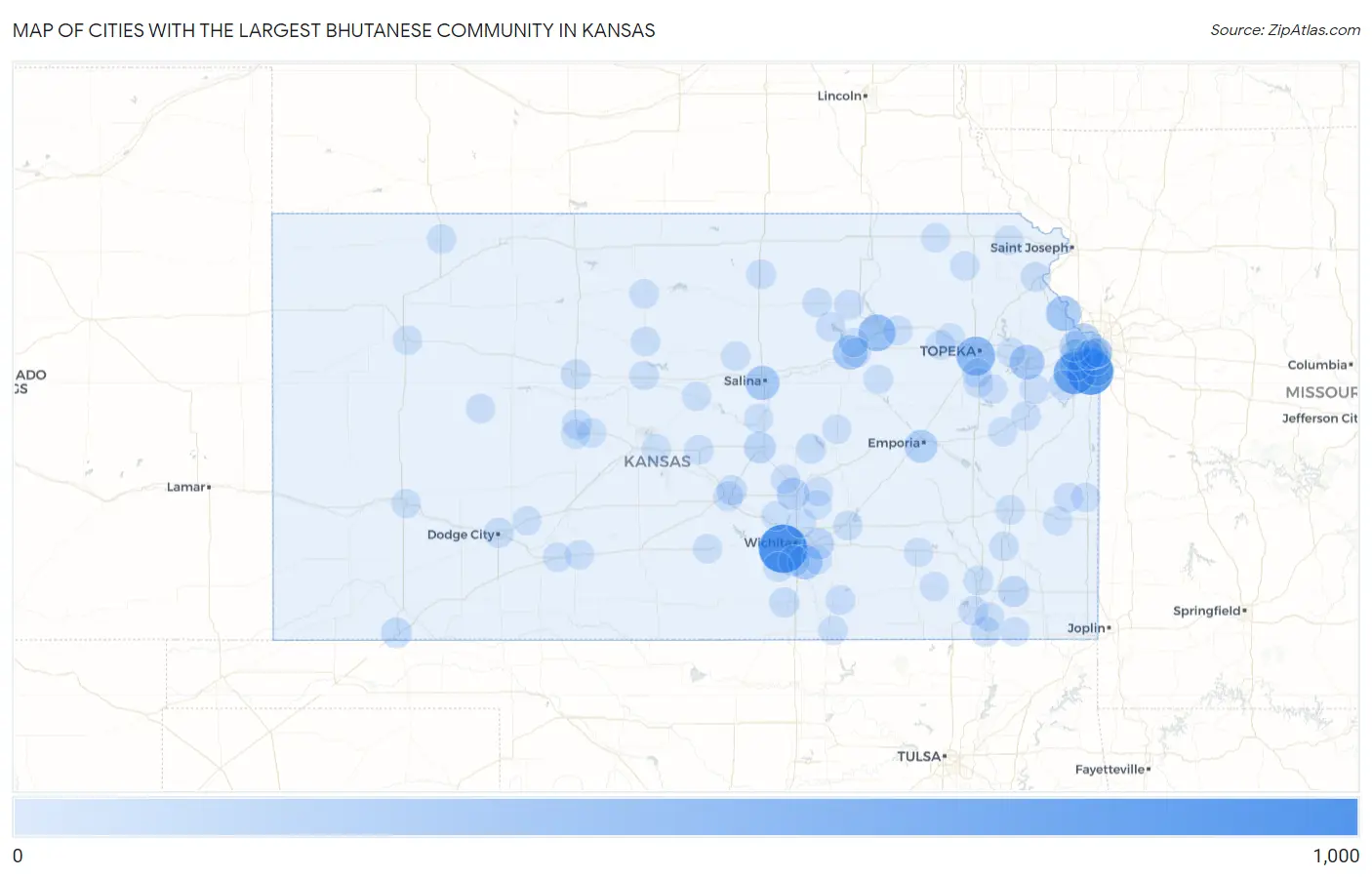Cities with the Largest Bhutanese Community in Kansas Map