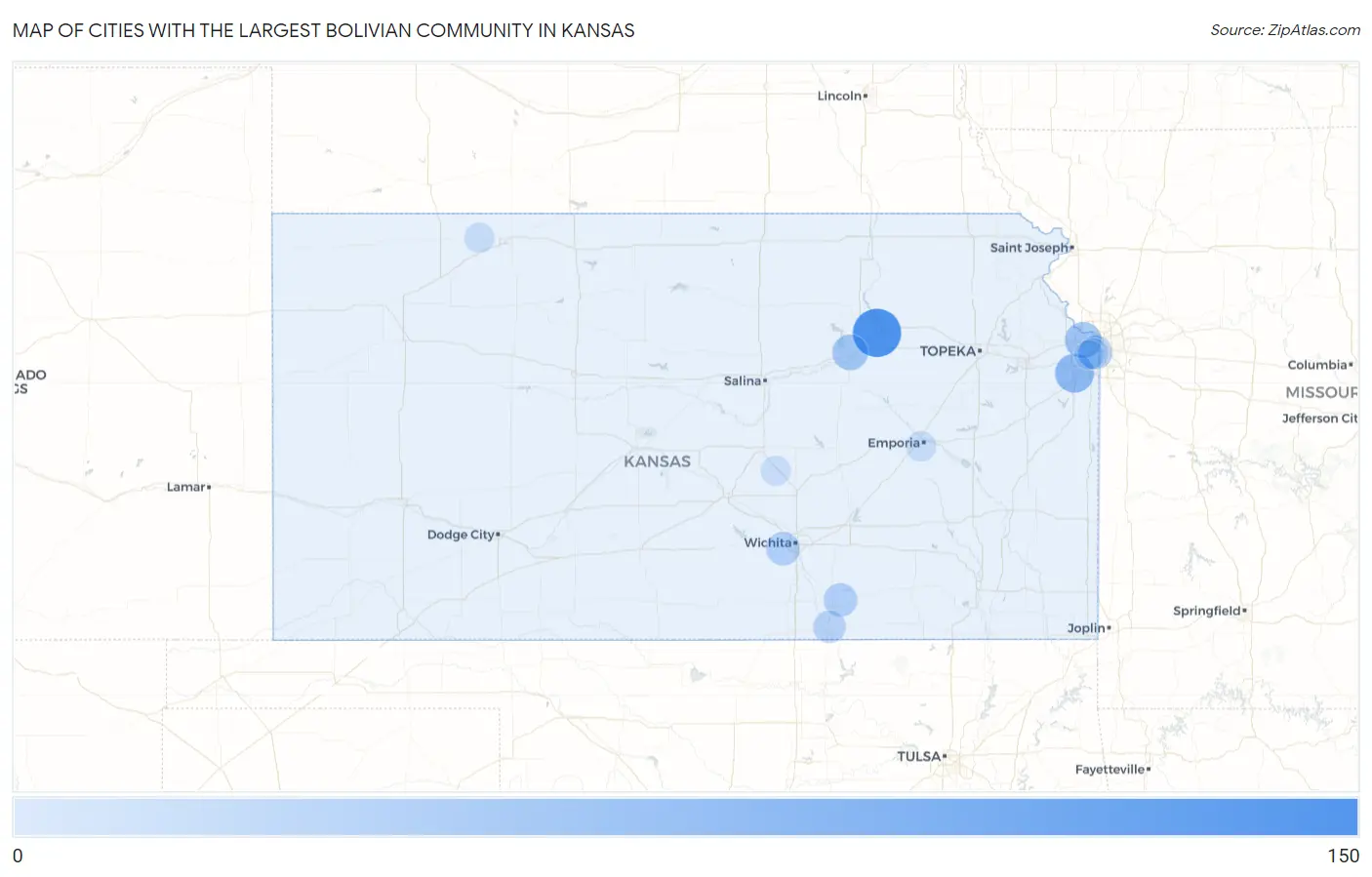 Cities with the Largest Bolivian Community in Kansas Map