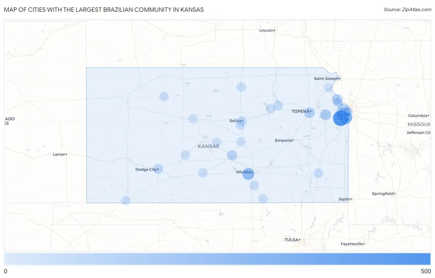 Cities with the Largest Brazilian Community in Kansas Map