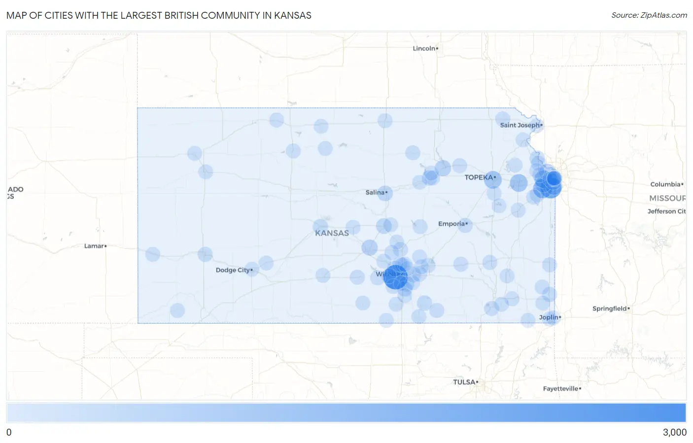 Cities with the Largest British Community in Kansas Map