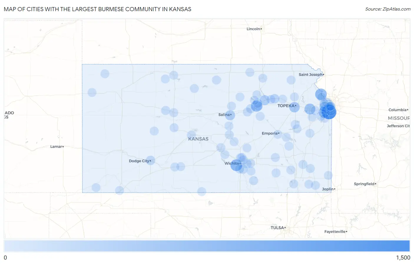 Cities with the Largest Burmese Community in Kansas Map