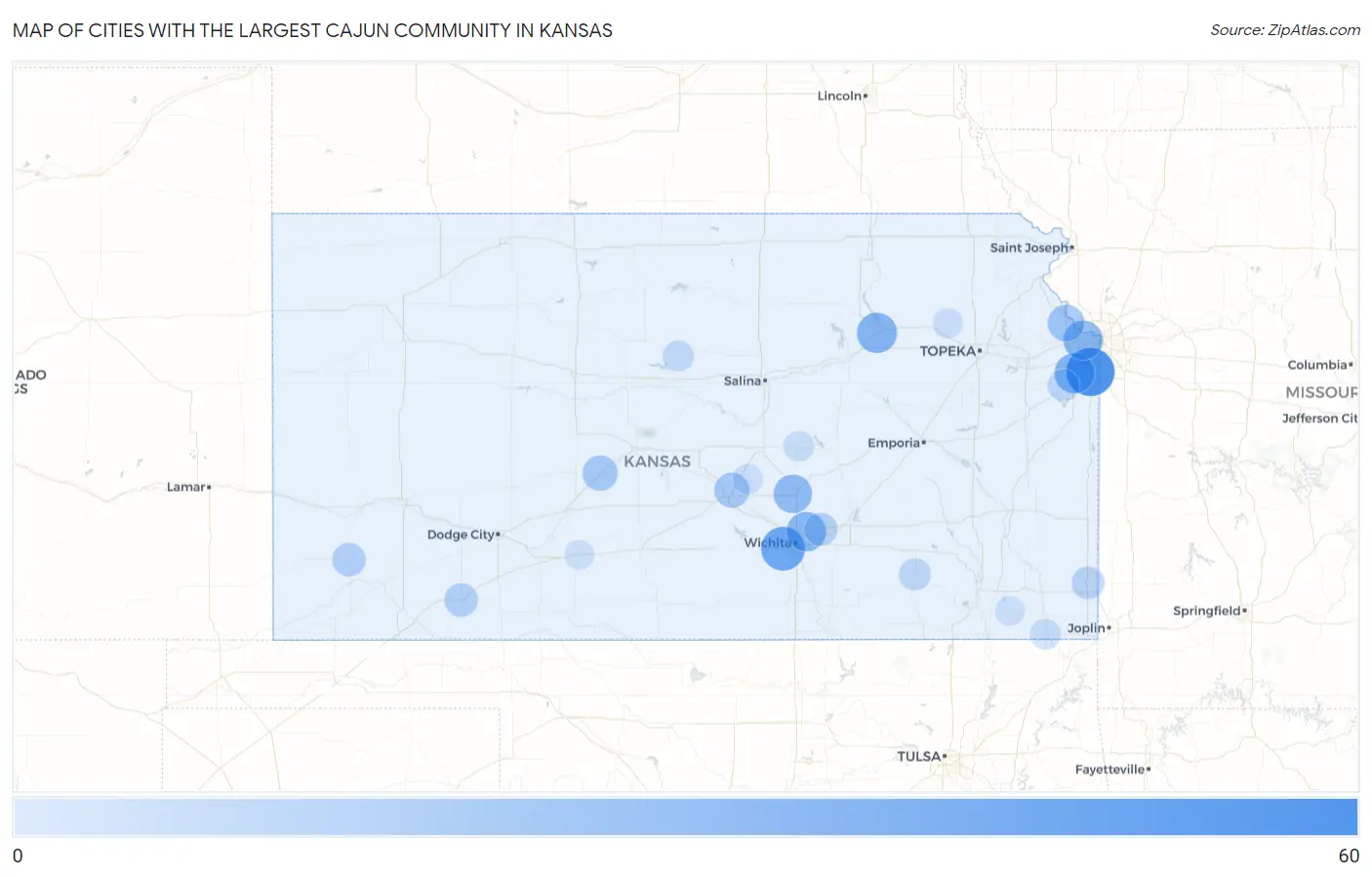 Cities with the Largest Cajun Community in Kansas Map