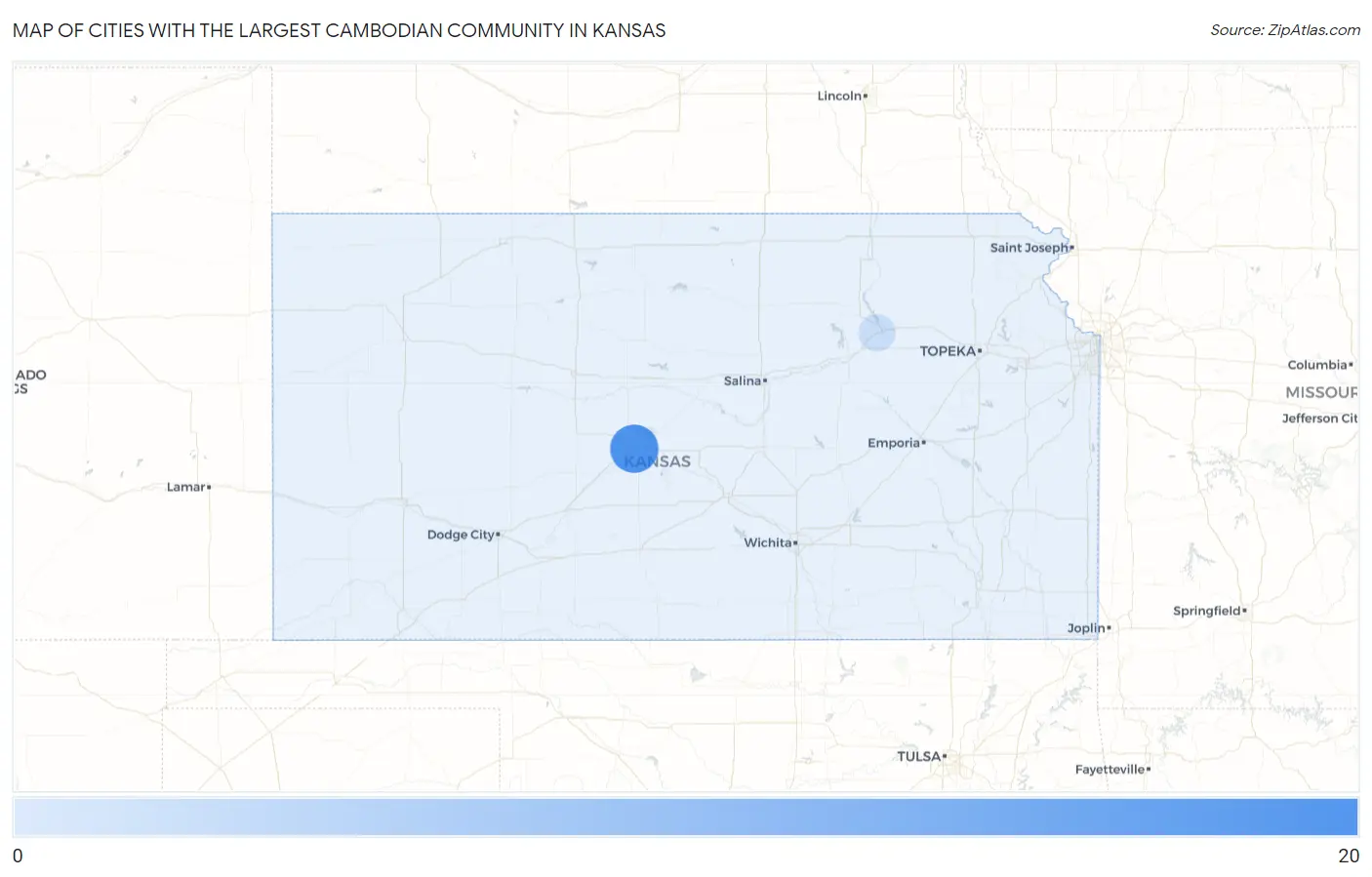 Cities with the Largest Cambodian Community in Kansas Map