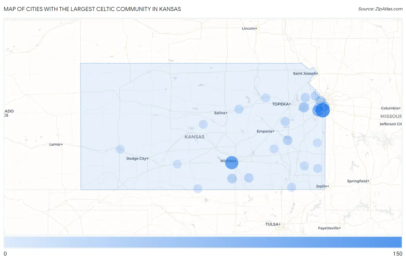 Cities with the Largest Celtic Community in Kansas Map