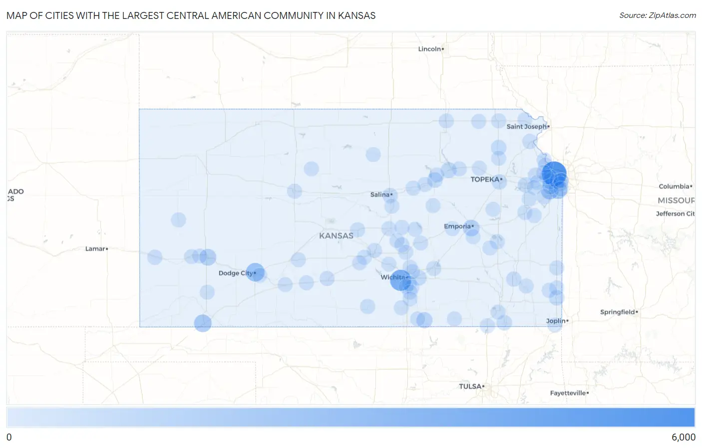 Cities with the Largest Central American Community in Kansas Map