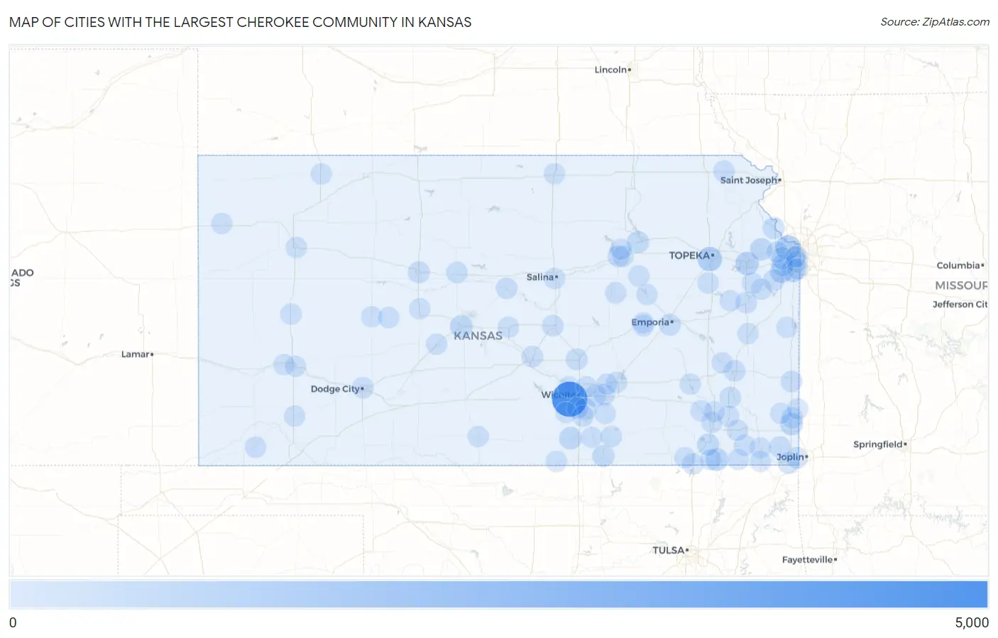 Cities with the Largest Cherokee Community in Kansas Map