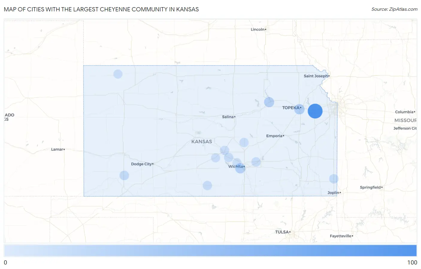 Cities with the Largest Cheyenne Community in Kansas Map