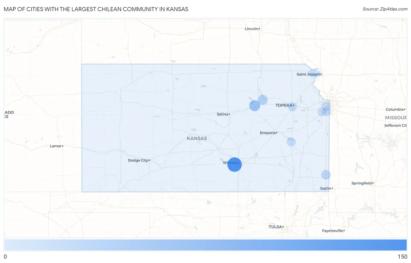 Cities with the Largest Chilean Community in Kansas Map